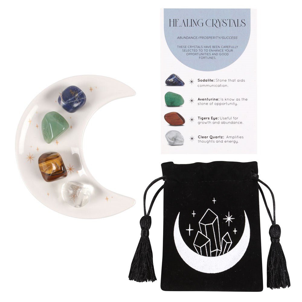 Four tumble stone crystals on a white moon-shaped trinket dish, next to a crystal information card and a black and white bag.