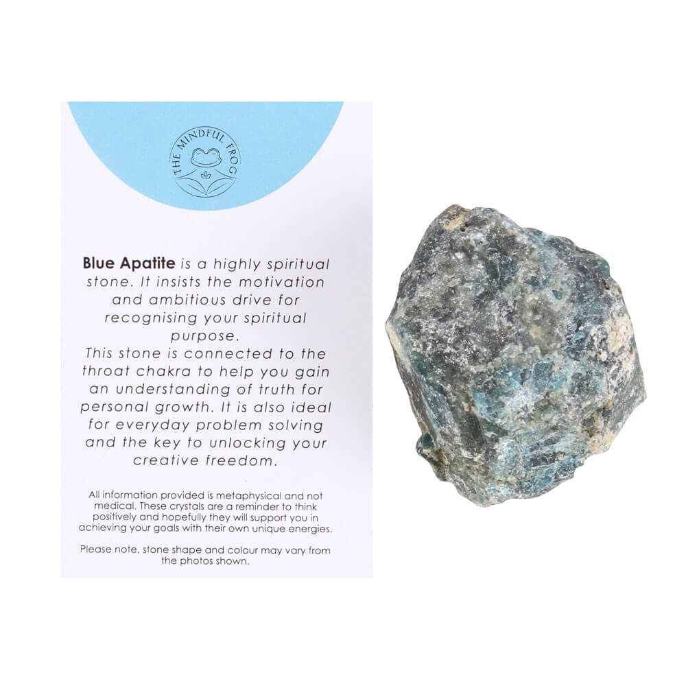 A crystal information card next to a chunk of Blue Apatite crystal, against a white background.