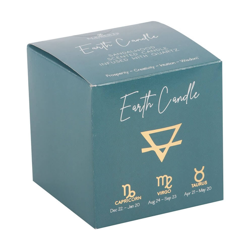 A blue green candle packaging box. The label features the words Earth, Virgo, Taurus, Capricorn, Sandalwood scented.