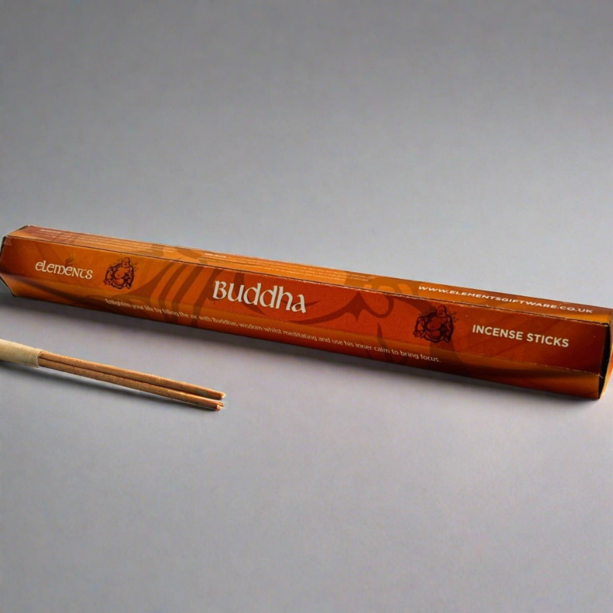 A brown cardboard pack of 20 Buddha fragrance scent-inspired incense sticks by Elements.