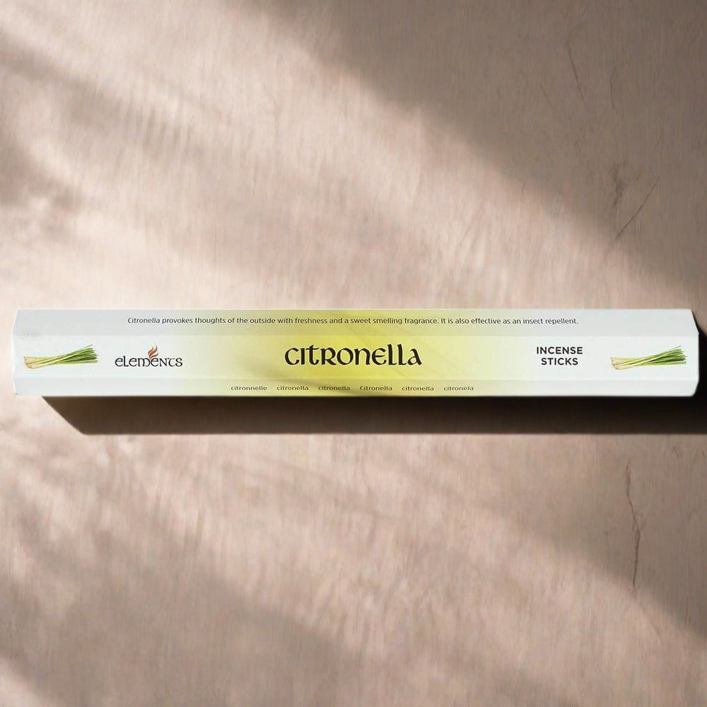 A yellow and white cardboard pack of 20 Citronella fragrance scent incense sticks by Elements.