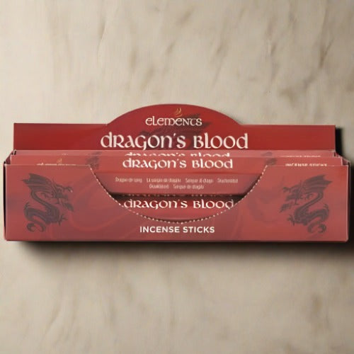 A red cardboard pack of 20 Dragon's Blood fragrance scent incense sticks by Elements.