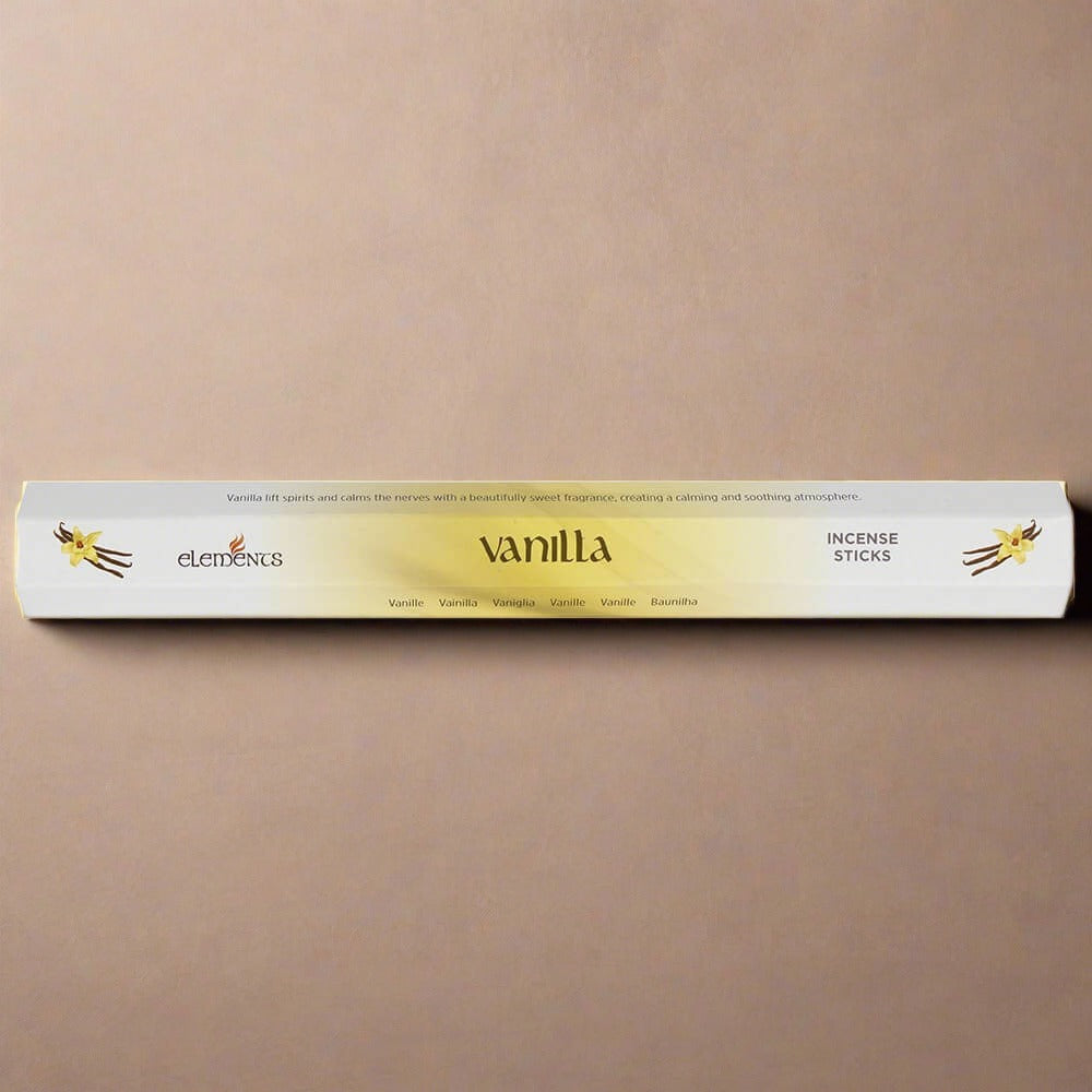 A yellow and white cardboard pack of 20 Vanilla fragrance scent incense sticks by Elements.