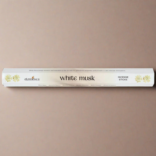 A beige and white cardboard pack of 20 White Musk fragrance scent incense sticks by Elements.