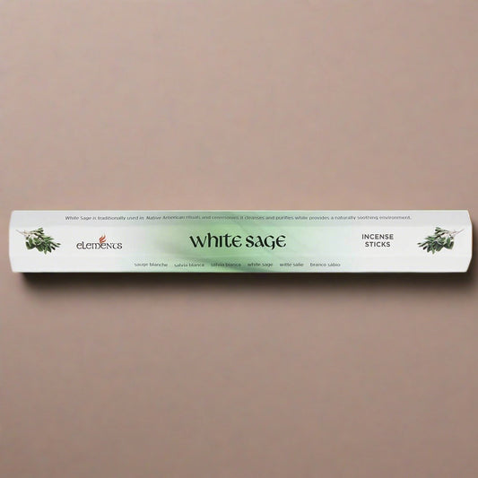 A light green and white cardboard pack of 20 White Sage fragrance scent incense sticks by Elements.