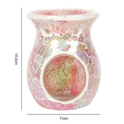 A front view of a large and glistening pink crackle effect candle burner. This image shows measurements. 14.5cm by 11cm.