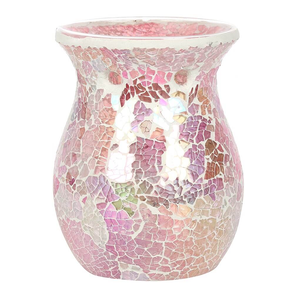 A back view of a large and glistening pink crackle effect oil and wax melt candle burner.