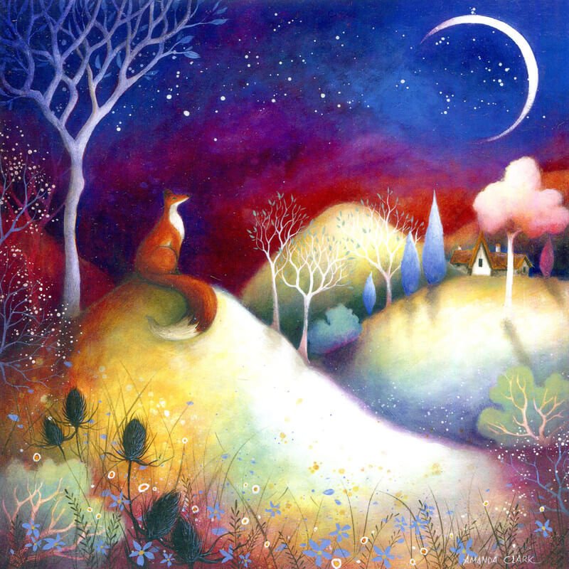 The front of the card featuring a design where a fox is looking up to the night sky and a crescent moon, surrounded by hills.