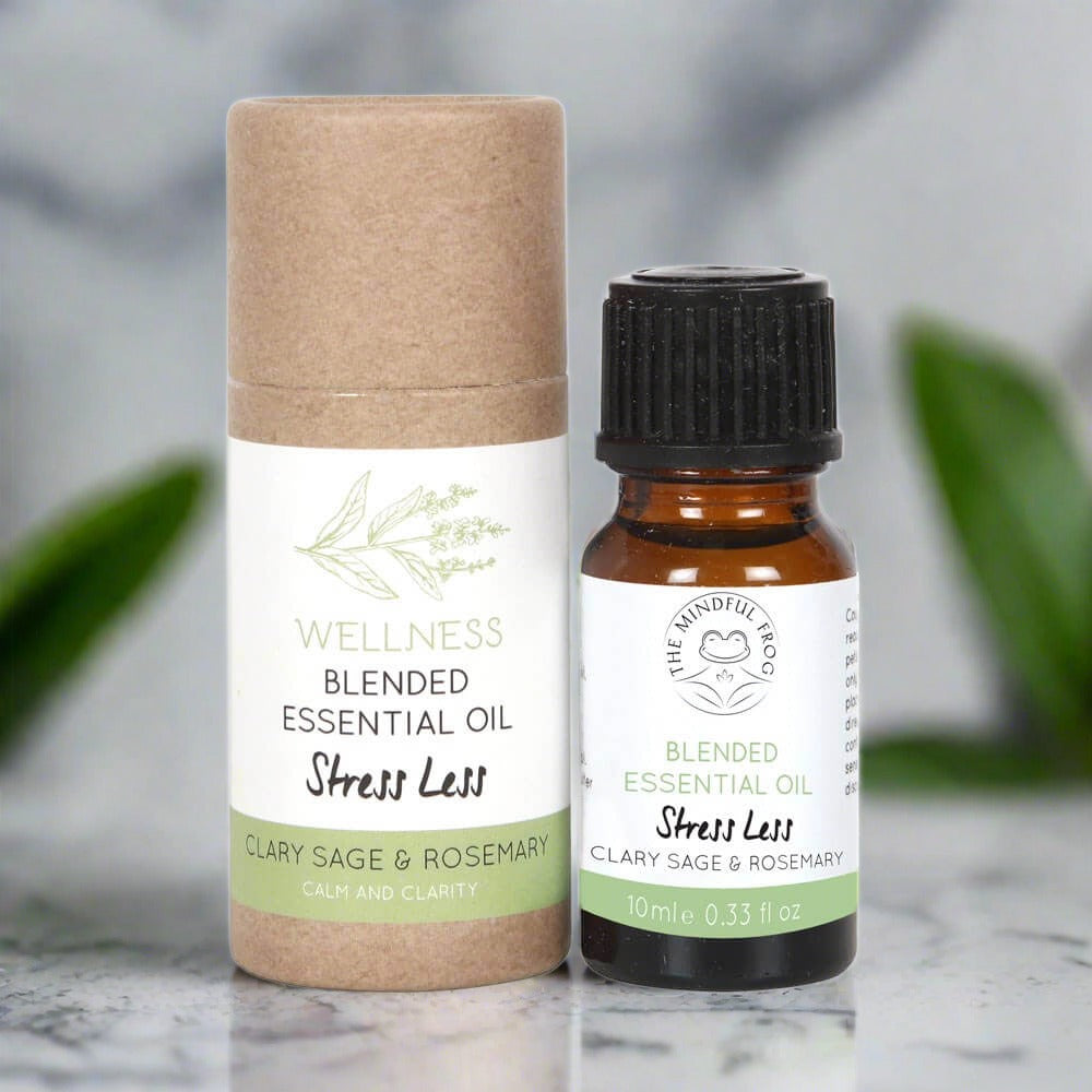 Cardboard essential oil bottle packaging, with a white and green label, next to a 10ml brown bottle of essential oil.