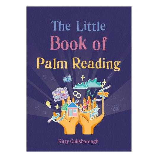 The front cover of The Little Book of Palm Reading by Kitty Guilsborough. The cover is dark blue and features palms.