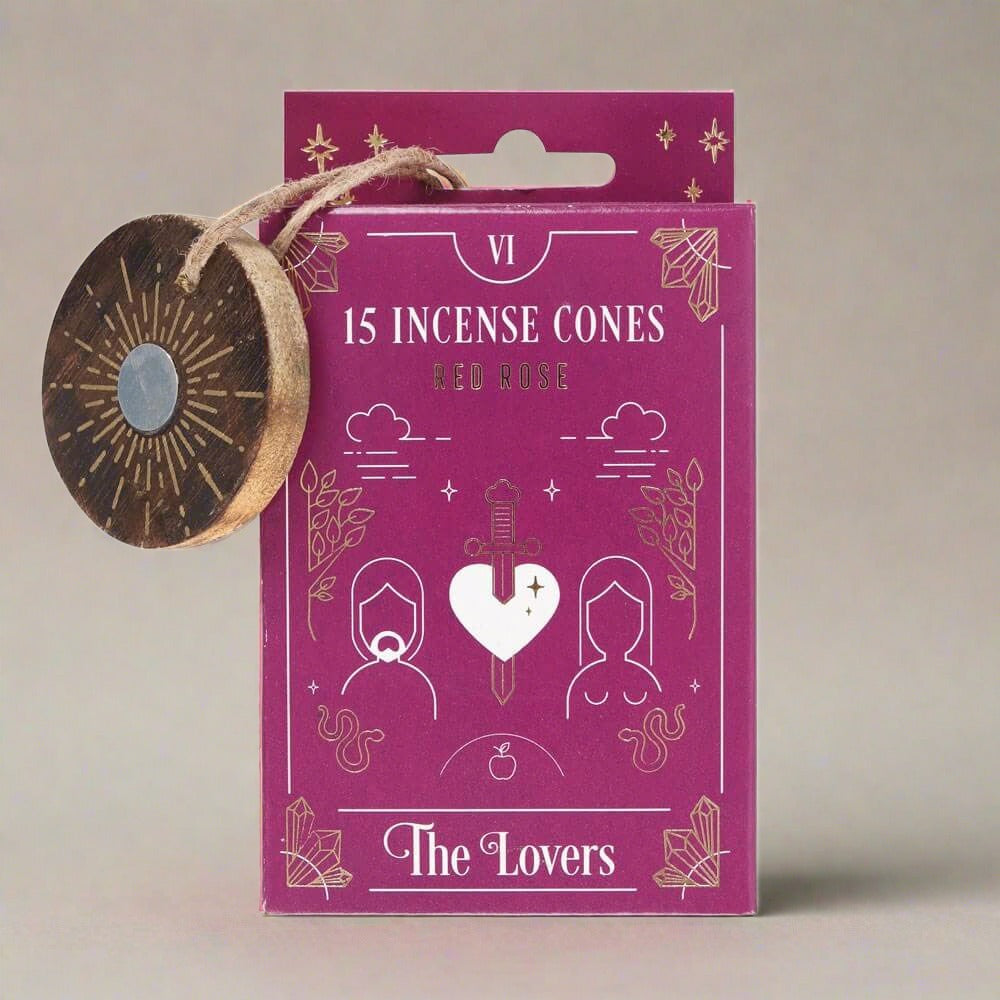 The box packaging of The Lovers Red Rose Tarot incense cones. The box is red and features a incense cone wooden holder.