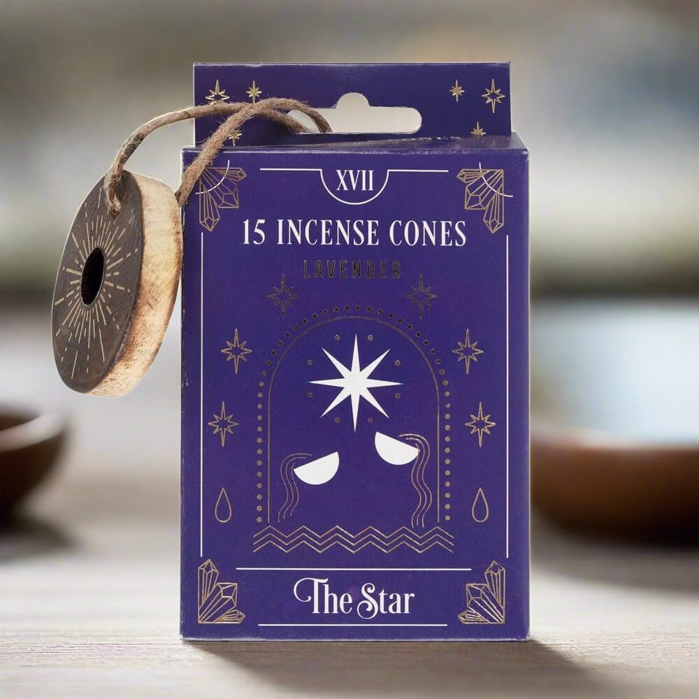 The box packaging of The Star Lavender Tarot incense cones. The box is purple and features a incense cone wooden burner.