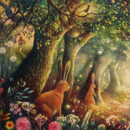 The front design of the card features two hares looking into a magical forest. They are surrounded by trees and flowers.